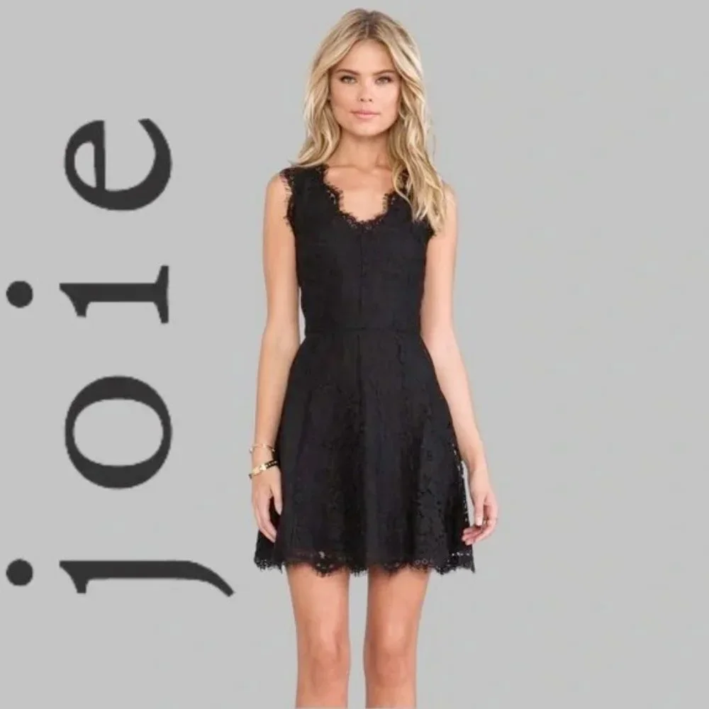 Joie Nikolina Dress Black Lace Sleeveless V Neck Scalloped Eyelash Trim SZ M - Picture 14 of 15